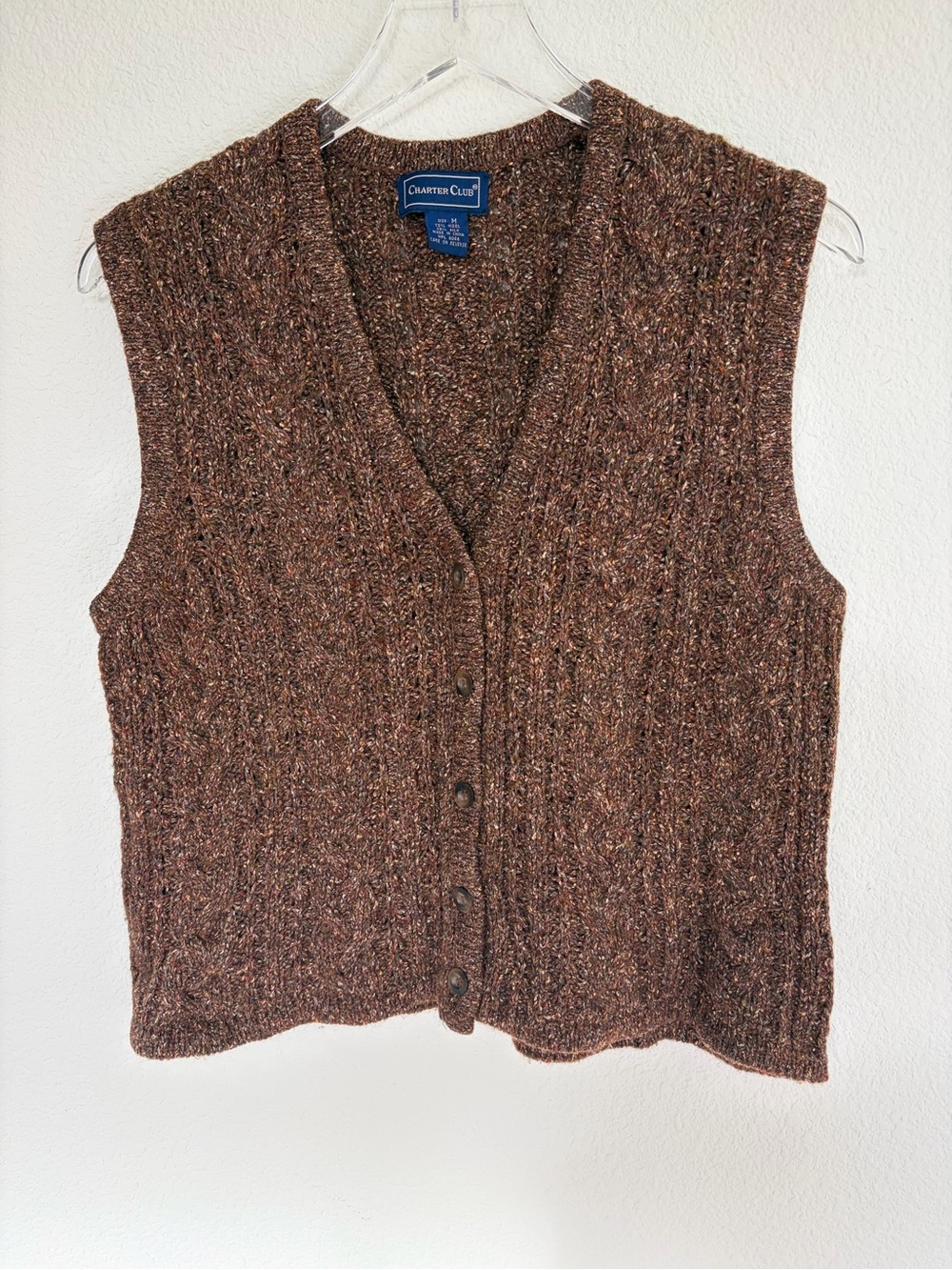 Charter Club Brown Tweed Cable Knit Button-Front Sweater Vest